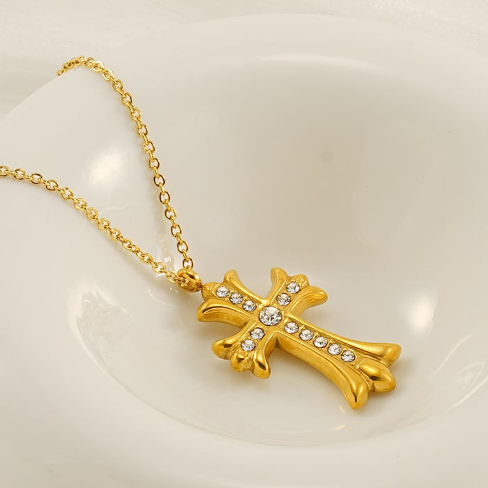 1 Piece Simple Series Simple Cross Stainless Steel Gold Color Rhinestone Women's Pendant Necklaces 